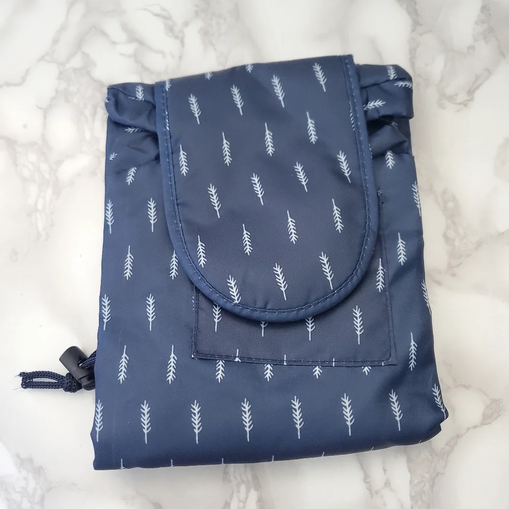 Navy Blue Leaf Print Drawstring Cosmetic Pouch - Picture 1 of 3